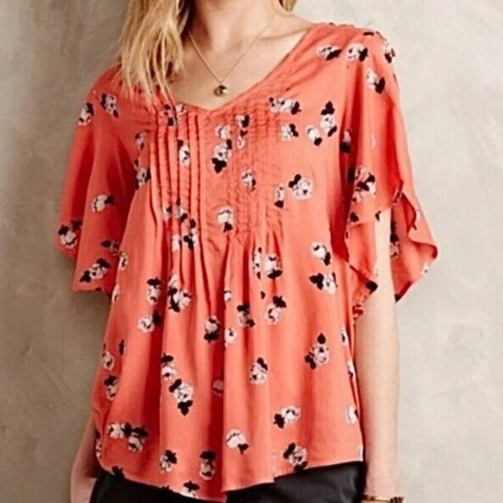 Anthropologie Maeve Maya Floral Flutter Sleeve Top Blouse Size 8 Women's